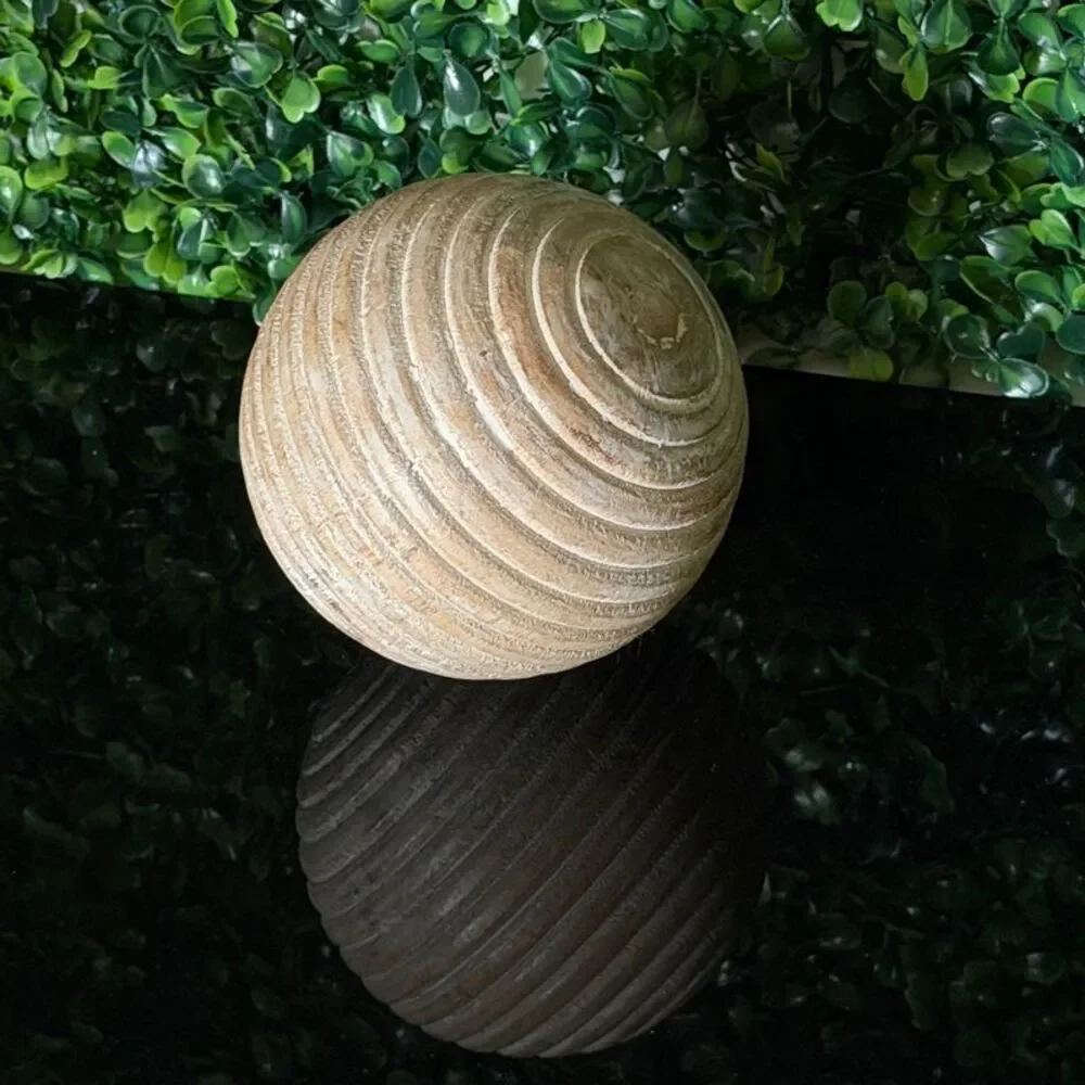 Set of 6 Ribbed Wooden Decorative Orbs Natural 4 Inch Striped Bowl Fillers